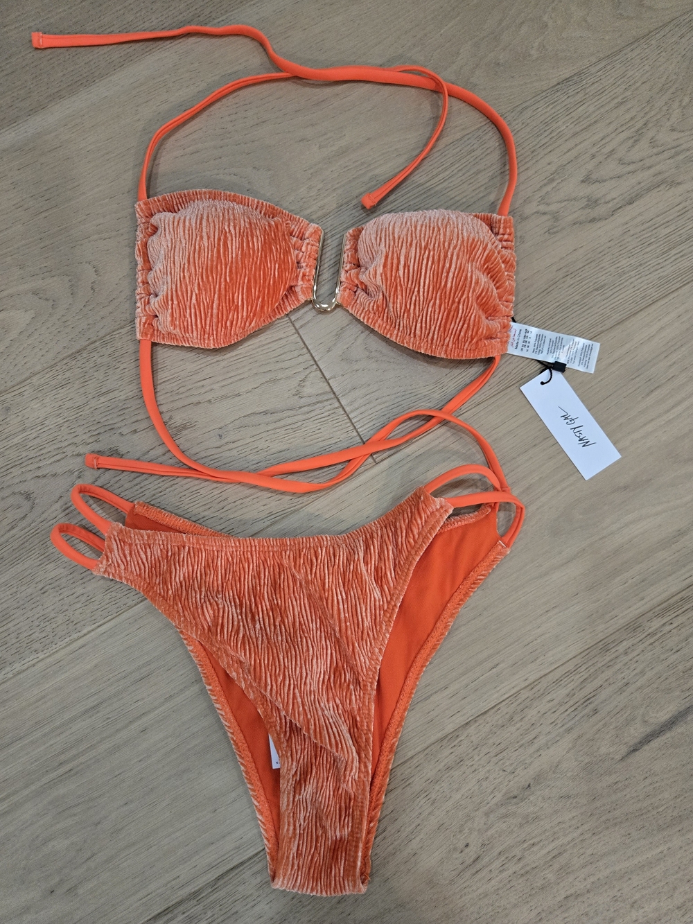 Ibiza Vibes Festival Nasty Gal Orange Crinkle Velvet V-Wire Bikini Set NWT Sz 8